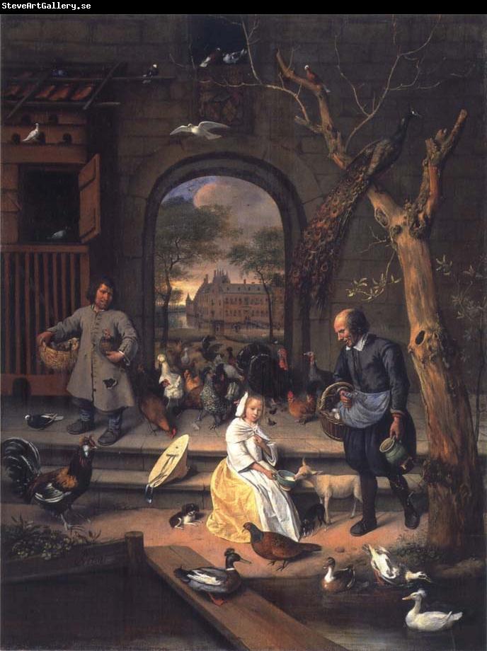 Jan Steen The Poultry yard,Probably a Portrait of Sernardina Margriet van Raesfelt Before Lokborst Caslt near Warmond